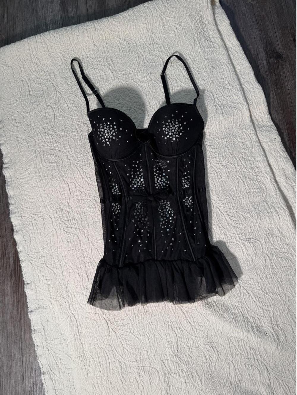 Victoria's Secret black corset top with silver rhinestone embellishments 36B